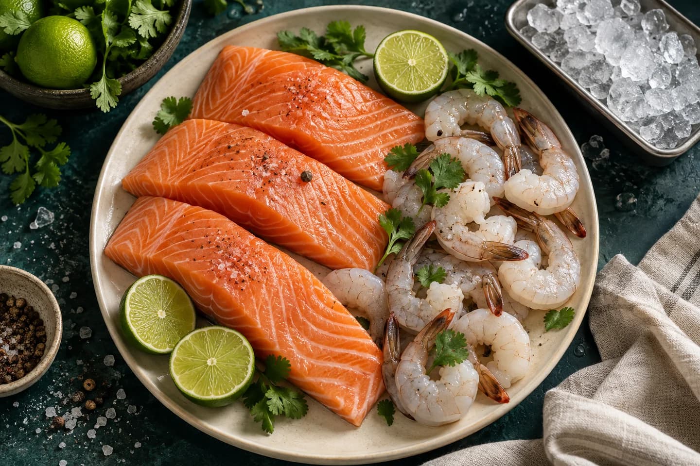 Composición ilustrativa de salmón y camarones con limón sobre una mesa